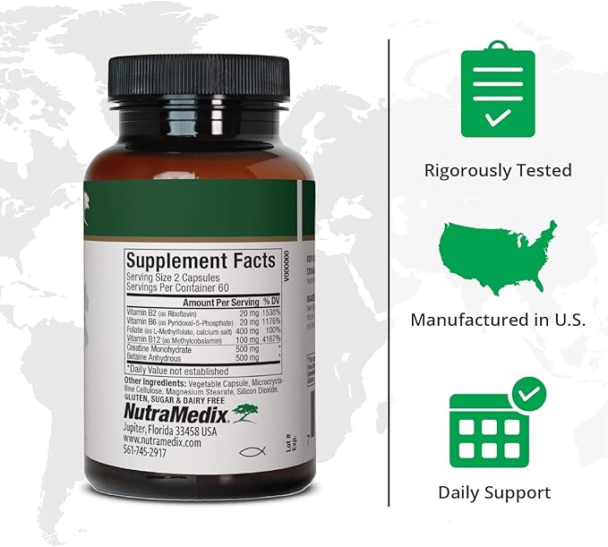 NutraMedix Methyl Complete - Complete Methylation &amp Energy Support Capsules - Vitamin B2 B6 B12 &amp Folate - with Creatine Monohydrate &amp Betaine Anhydrous (120 Count)
