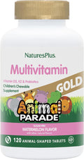 NaturesPlus Animal Parade Gold Multivitamin Children’s Chewables - Watermelon Flavor - 120 Animal-Shaped Tablets - Vitamin D3 K2 &amp Probiotics - Vegan Gluten Free - 60 Total Servings