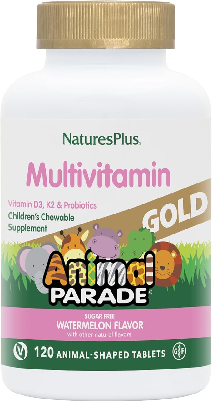 NaturesPlus Animal Parade Gold Multivitamin Children’s Chewables - Watermelon Flavor - 120 Animal-Shaped Tablets - Vitamin D3 K2 &amp Probiotics - Vegan Gluten Free - 60 Total Servings