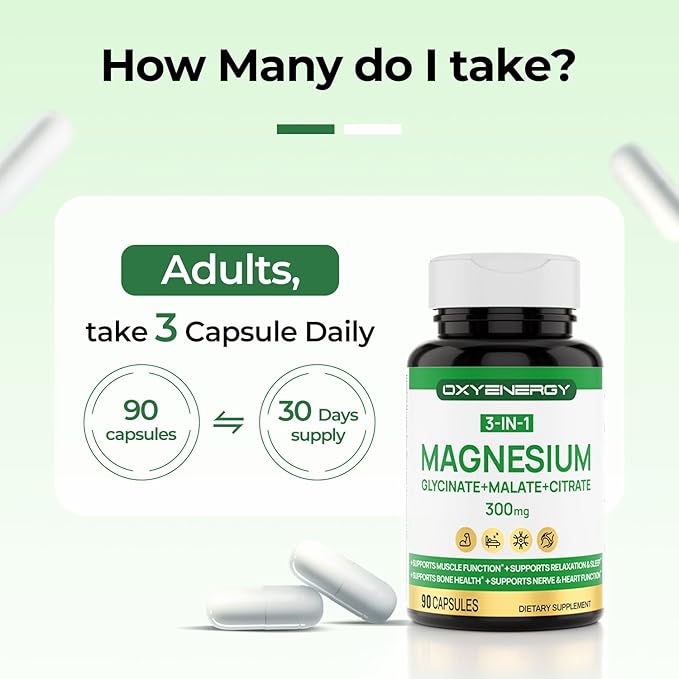OXYENERGY Triple Magnesium Complex Supplement 3 in 1 Chelated Magnesium Capsules 300mg with Glycinate Malate Citrate per Servering High Absorption Bone Heart &amp Nerve Health Vegan 90 Capsules