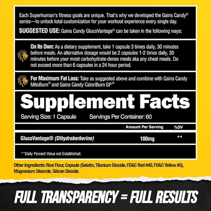 ALPHA LION Gains Candy Supplement Pills that Support Weight Loss Muscle Building Decrease Body Fat Upgrade Energy &amp Workout Performance 60 Capsules (DHB Berberine-GlucoVantage®)