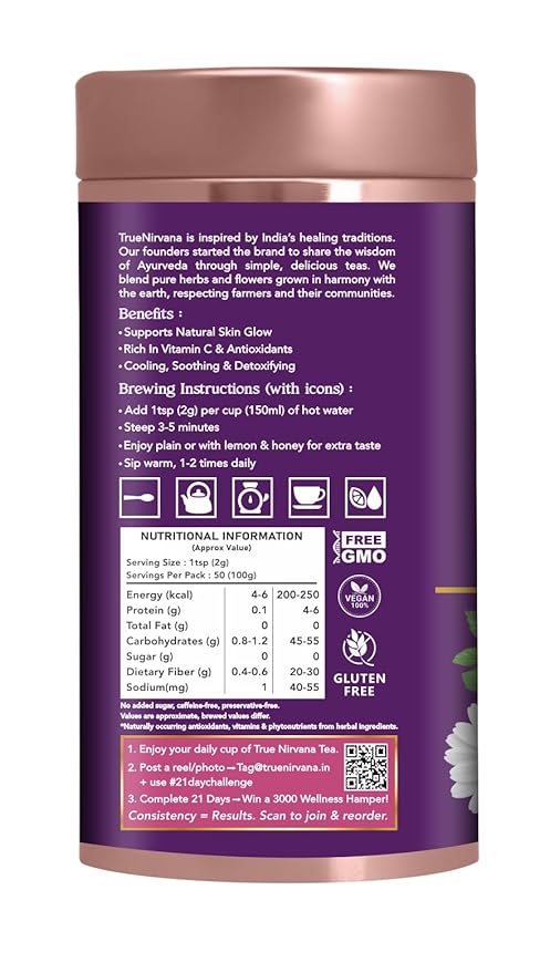Truenirvana Skin Glow Tea – Ayurvedic Herbal Loose Leaf Blend (100g) | Caffeine-Free | Manjishta Hibiscus Amla &amp Rose Petals | Daily Wellness &amp Radiance Support