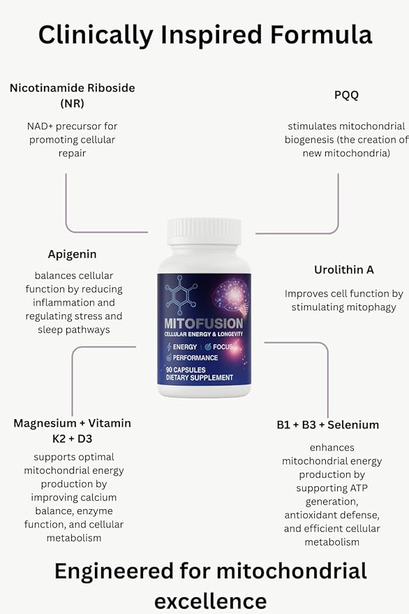 MitoFusion Complete Anti Aging NAD+ and Mitochondria Support Formula with 500mg Nicotinomide Riboside 250mg Urolithin A 25mg PQQ 50mg Apigenin. Energy | Focus | Longevity | Performance | Recovery