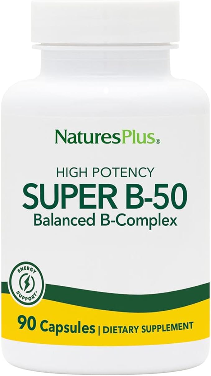 NaturesPlus Super B-50 - High-Potency B Complex Vitamin with Choline Inositol &amp PABA - Supports Energy Recovery &amp Healthy Skin and Hair - Vegan Gluten Free - 90 Capsules 90 Servings