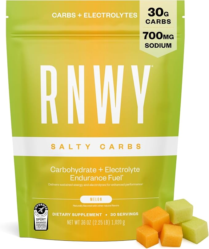 Salty Carbs Electrolyte Drink Mix 30g Dual-Action Carbs + 700mg Sodium Endurance Fuel for Runs Rides and Races Gluten-Free Dairy-Free Non-GMO (30 Servings Melon)