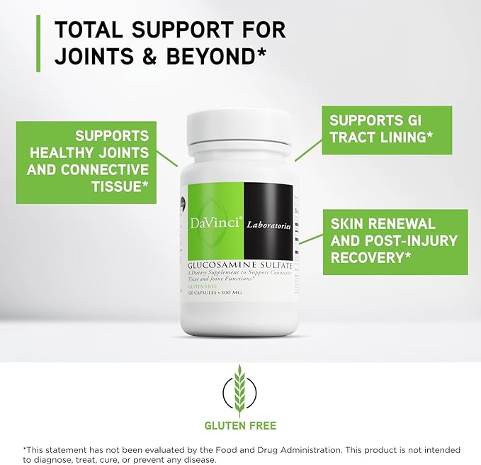 DAVINCI Labs Glucosamine Sulfate - A Dietary Supplement to Support Connective Tissue and Joint Functions - Gluten-Free - 500 mg - 120 Capsules
