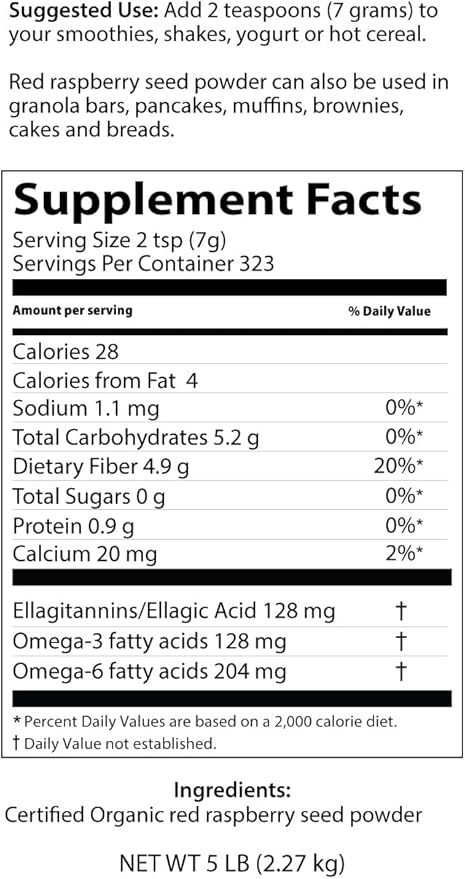 Berry Beautiful Organic Meeker Red Raspberry Seed Powder (Ellagic Acid Fiber) - 5 lb (2.27 kg) - Cold-Pressed from US-Grown Raspberry Seed