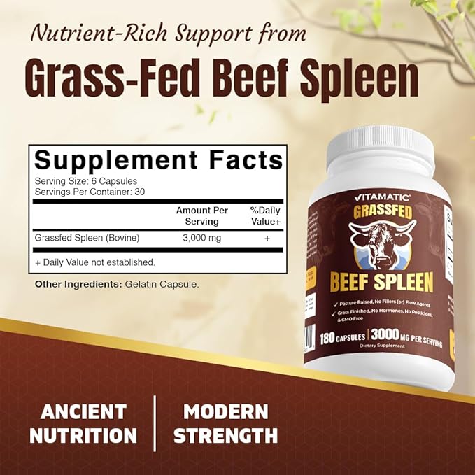 Vitamatic Grass-Fed Beef Spleen180 Capsules – Freeze-Dried Non-GMO Bovine Liver Supplement – Pasture-Raised Glandular-Based Formula