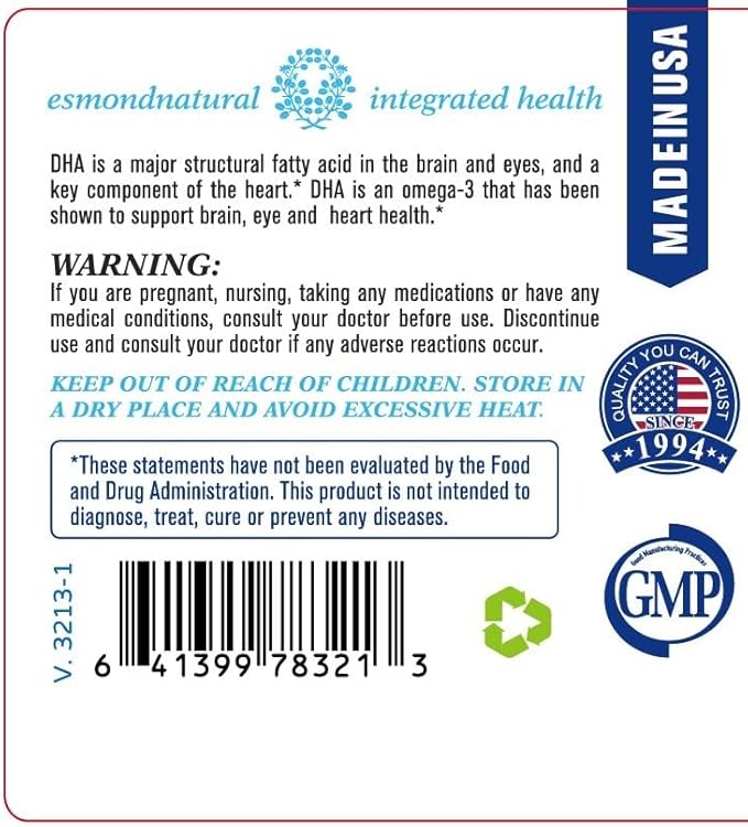 DHA Algal Oil (Made with Onavita Oil. 40% Docosahexaenoic Acid. Supports Brain Eye and Nervous System) GMP Natural Product Assn Certified Made in USA - 500mg 60 Softgels