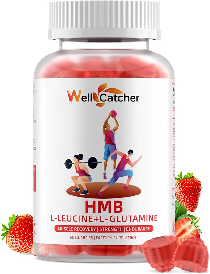 HMB and Leucine Amino Acid Gummies: HMB Supplements for Men Women with L-Glutamine for Muscle Growth Fast Workout Recovery Sugar Free Vegan Non-GMO Strawberry Flavored 30 Day Supply