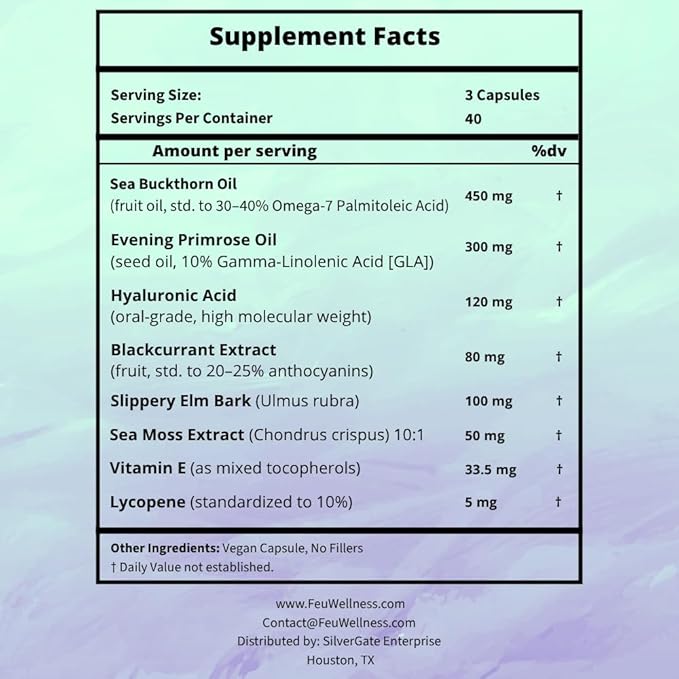 FEU Hydrate Plus – Women’s Intimate Moisture &amp Skin Hydration Support – Sea Buckthorn Oil (Omega-7) Evening Primrose Oil Hyaluronic Acid Sea Moss &amp Vitamin E – 120 Vegan Capsules (40 Servin