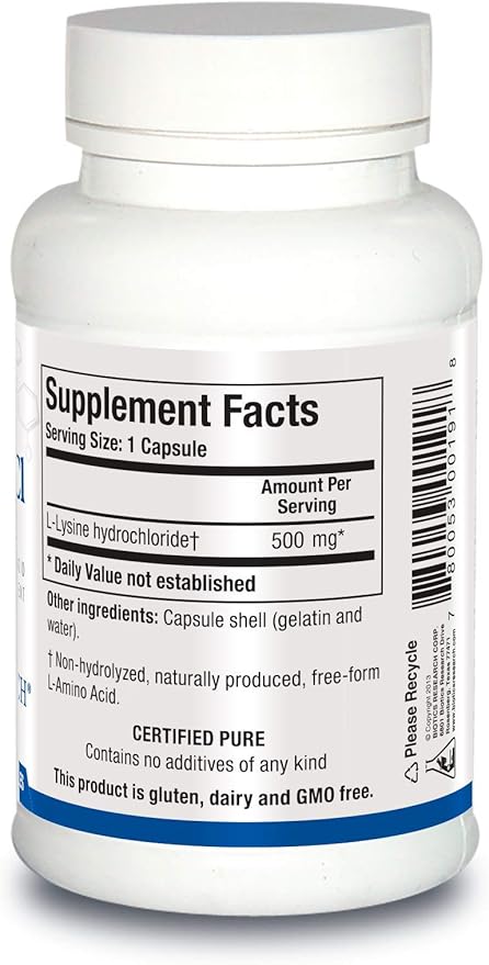 BIOTICS RESEARCH L Lysine HCI Amino Acid L lysine Supplement Promotes Energy Boosts Immunity Stimulates Calcium Absorption 100 Capsules
