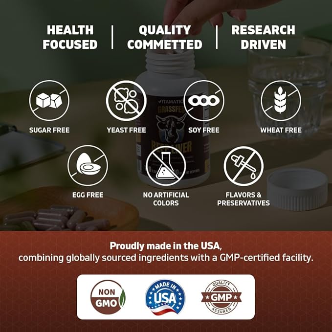 Vitamatic Grass-Fed Beef Gallblader with Bile &amp Liver 180 Capsules – Freeze-Dried Non-GMO Bovine Liver Supplement – Pasture-Raised Glandular-Based Formula
