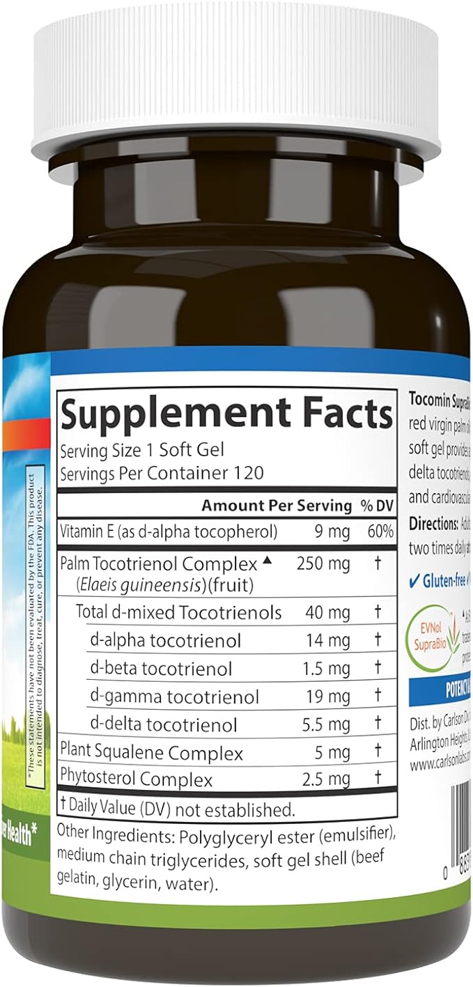 Carlson - Tocomin SupraBio Full Spectrum Tocotrienol Complex Non-GMO Tocotrienols Alpha Beta Gamma Delta 120 Softgels