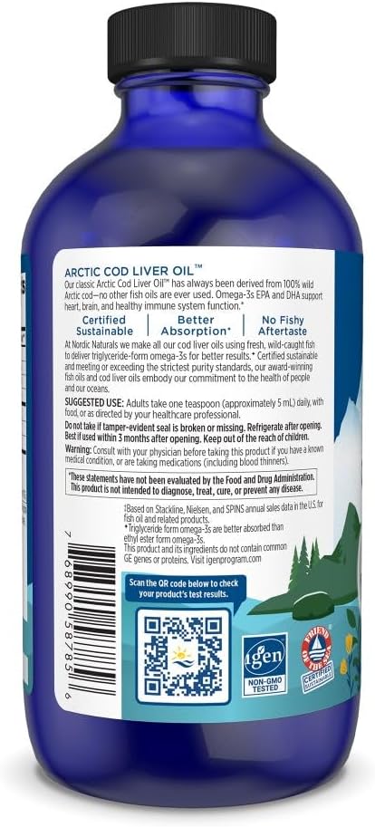 Nordic Naturals Arctic Cod Liver Oil Lemon - 8 oz - 1060 mg Total Omega-3s with EPA &amp DHA - Heart &amp Brain Health Healthy Immunity Overall Wellness - Non-GMO - 48 Servings