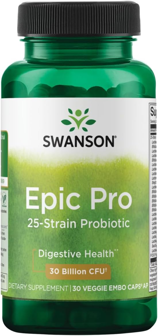 Swanson Epic-Pro 25-Strain Probiotic with Prebiotic FOS for Gut-Health-Conscious Adults Seeking Comprehensive Digestive and Immune Support - 30 Billion CFU (30 Vegan DRcaps 2 Pack)