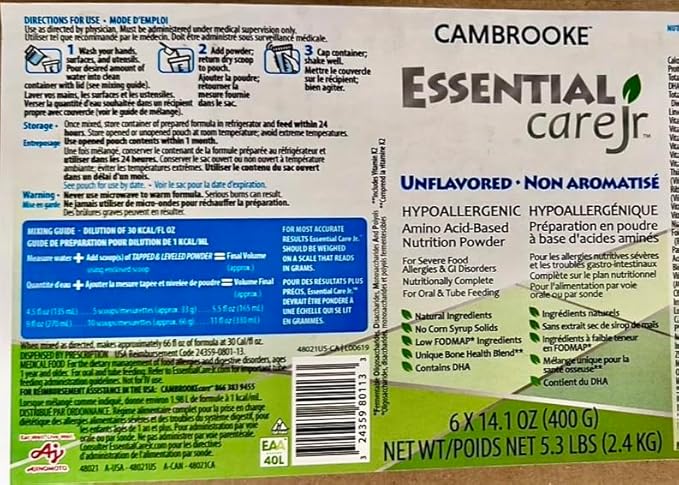 Essential Care JR Unflavored Hypoallergenic Amino Acid-Based Nutrition Powder (Case of 6 Packages Unflavored)