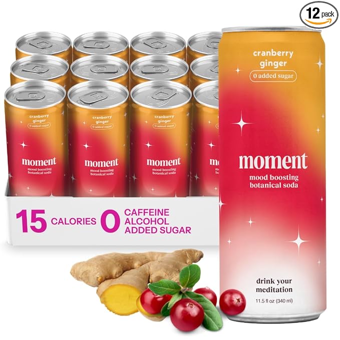 Moment Botanical Soda Soft Drink (Shark Tank) - SPARKLING Non Alcoholic Drinks | Cranberry Ginger | L-Theanine &amp Ashwagandha for Calm &amp Clarity | 0 Added Sugar 0 Caffeine | 12-pack