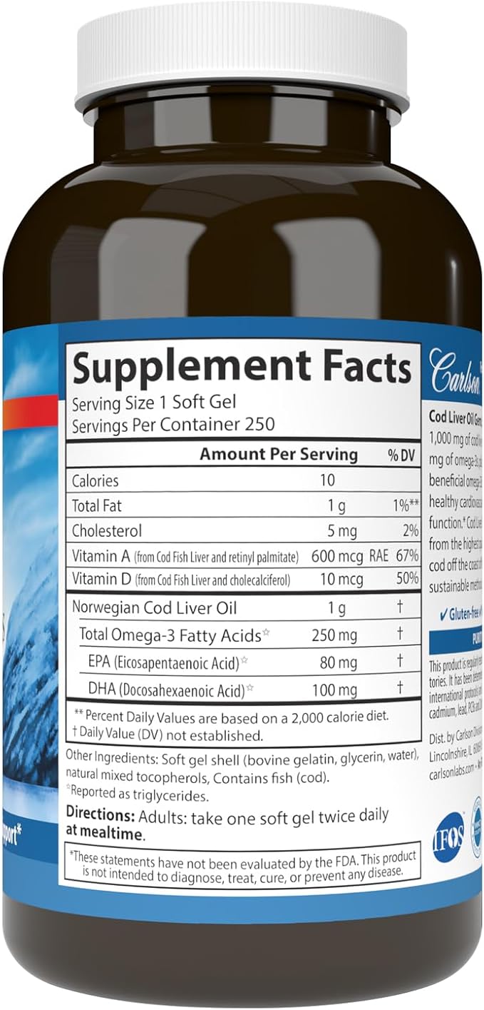 Carlson - Cod Liver Oil Gems Super 1000 mg 250 mg Omega-3s 400 IU (10 mcg) Vitamin D3 Wild Caught Norwegian Arctic Cod Liver Oil Capsules 250 Softgels