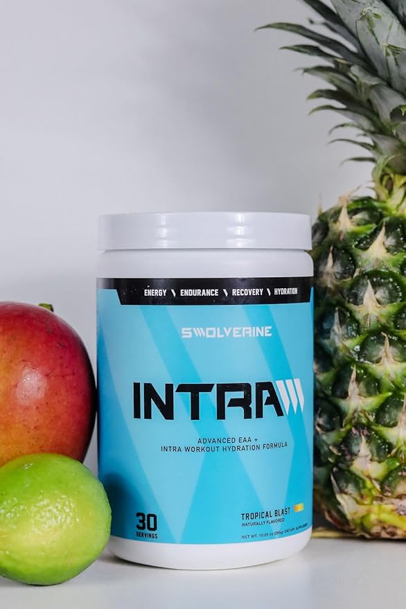 Swolverine Intra | Essential Amino Acids Electrolytes Coconut Water Pomegranate Tart Cherry Spirulina Vegan Non-GMO Gluten Free (30 Servings Tropical Blast)