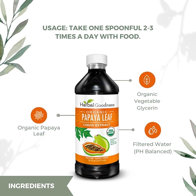Papaya Leaf Extract Blood Platelet Support - 15X Strength - Natural Platelet Booster &amp Digestive Aid - Organic Liquid Extract - 16oz Juice - Case Qty (12) - Herbal Goodness