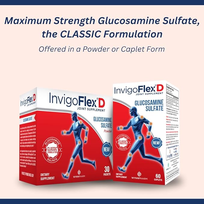 INVIGOFLEX® D - 1500mg of Glucosamine Sulfate Powder (Classic Formulation) - Premium Joint Supplement for Knees Hands Back and Hip Support Packets | 30 Packets
