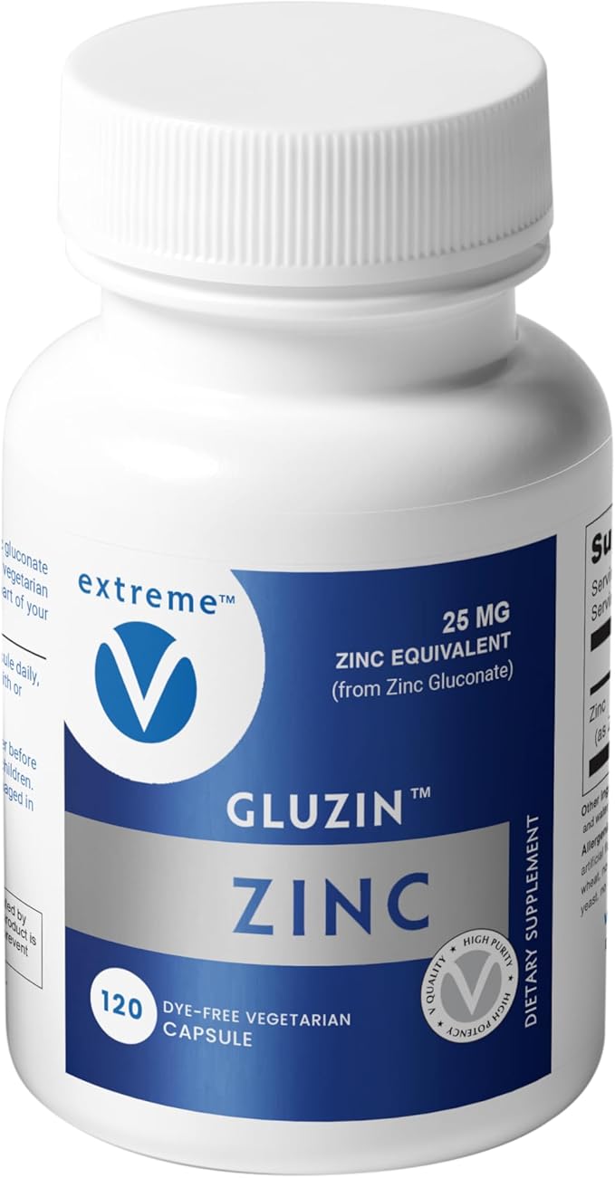 Gluzin™ Zinc Supplement 25 mg | Zinc Gluconate | Clean-Label 120 Small Vegetarian Capsules | Gentle Low-Dose Option for Daily Support