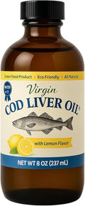 Virgin Cod Liver Oil - 8 Fl oz Natural Wild Caught &amp Fresh Tasting.High in Vitamin D Omega 3 DHA/EPA (Lemon Flavored)
