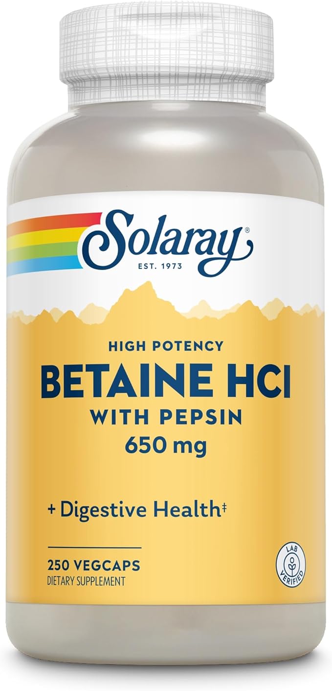 SOLARAY Betaine HCL with Pepsin - High Potency Hydrochloric Acid Formula - Digestive Health Supplement with Digestive Enzymes for Gut Health Support - 60-Day Guarantee 250 Servings 250 VegCaps