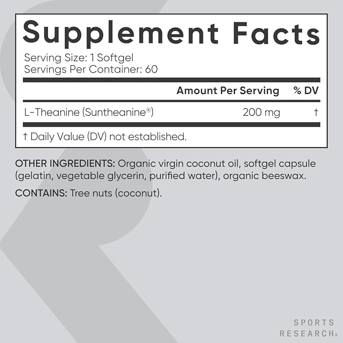Sports Research Double Strength L-Theanine Suntheanine for Focus Relaxation &amp Alertness Non-Drowsy Support + Coconut Oil 60 Count &amp Triple Strength Omega 3 Fish Oil 1250mg Burpless Omega3 EPA