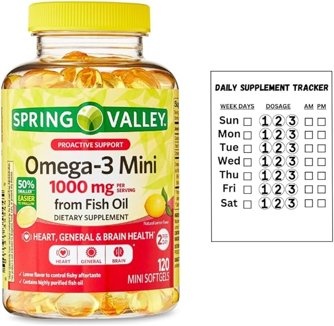 Omega-3 Mini from Fish Oil 1000 mg 120 Count Dietary Supplement Omega 3 Mini Softgels + Daily Supplement Tracker Sticker