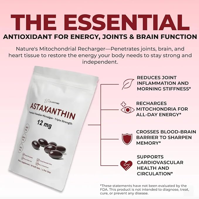 Astaxanthin 12mg Antioxidants Supplement – Natural Microalgae Source – Lipid-Based Softgel for Enhanced Absorption – Cognitive Vision &amp Joint Support – 30 Softgels (Pack of 2)