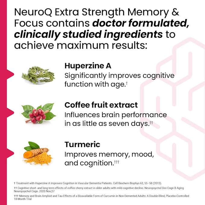 NeuroQ Memory &amp Focus Extra Strength - Boosts Cognitive Performance &amp Brain Function - Supports Neuroprotection &amp Concentration - Huperzine A Gotu Kola Ginkgo Coffee Fruit &amp Propoli
