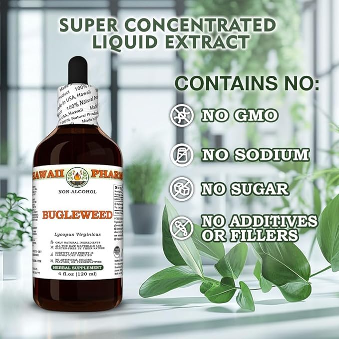 Hawaii Pharm Bugleweed Alcohol-Free Extract Glycerite for Thyroid Balance Eases Premenstrual Discomfort Soothes Breast Tenderness Supports Women's Wellness - 32 fl.oz