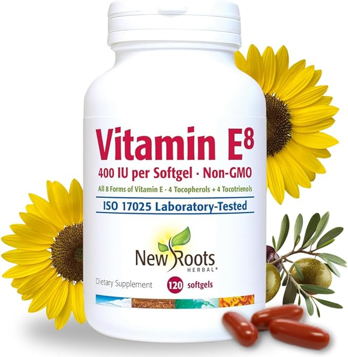 NEW ROOTS HERBAL Vitamin E 400 IU Capsules | Vitamin E8 Supplement (120 Softgels) with All 8 Types of Vitamin E | 4 Tocopherols &amp 4 Tocotrienols for Women &amp Men
