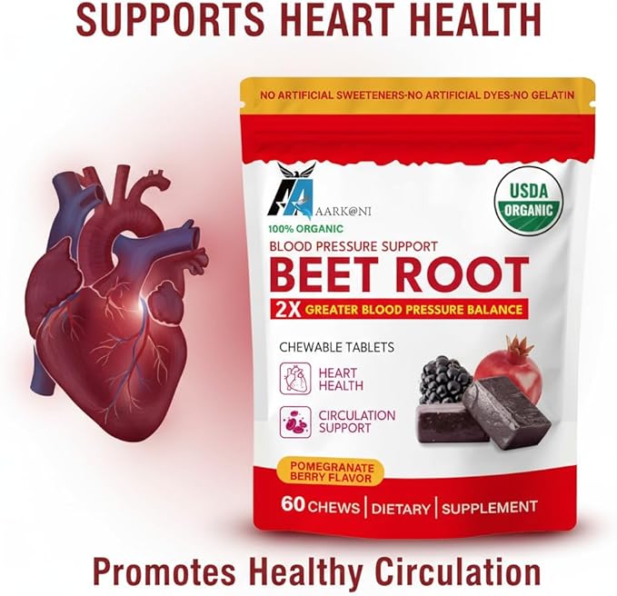 Aarkani Organic Beet Root Chewable Tablets Blood Pressure Support 60 Count Pomegranate Berry Flavor