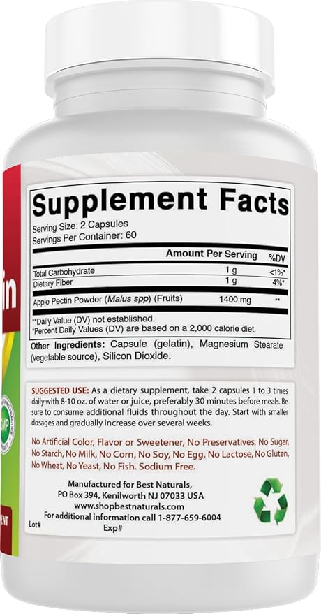Best Naturals Apple Pectin 700 mg - Dietary Fiber - Intestinal Support - 120 Capsules (120 Count (Pack of 3))