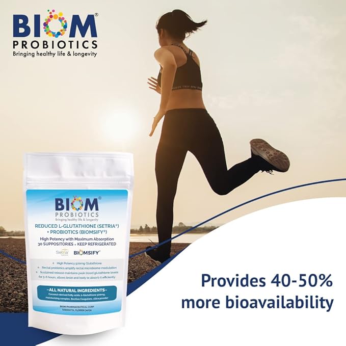 High Potency 500mg Reduced L-Glutathione (Setria Brand) + Probiotic Suppository. Maximum Bioavailable Glutathione Formulation with Powerful Antioxidant Properties.