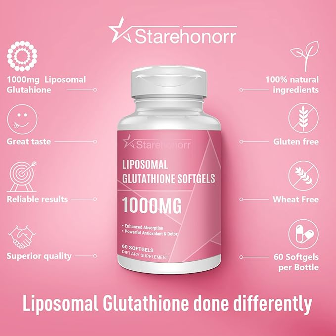 Liposomal Glutathione Softgels 1500MG Reduced Glutathione Supplement with Vitamin C Better Absorption Non-GMO Powerful Antioxidant for Healthy Aging Detox Immune Health120 Softgels