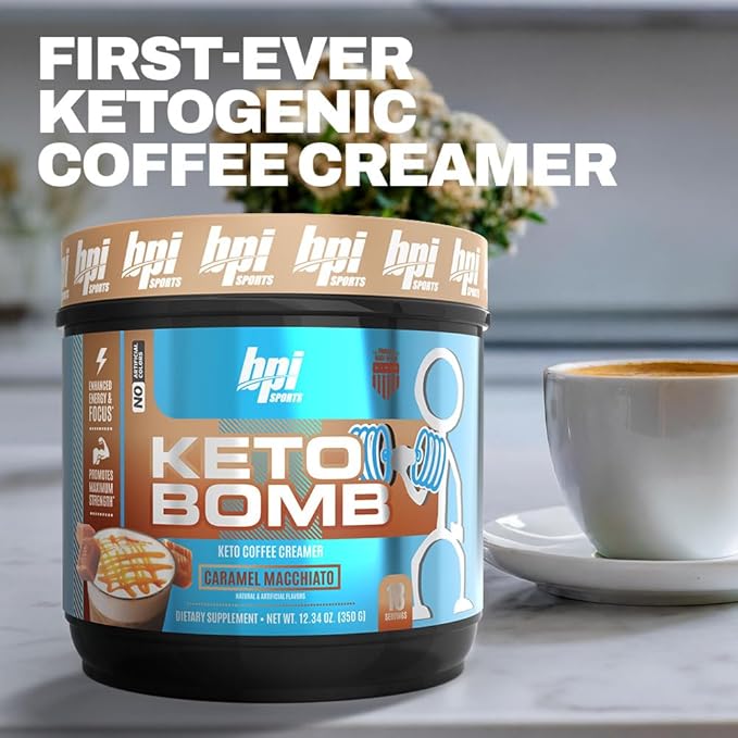 BPI Sports Keto Bomb Coffee Creamer - Supports Energy and Hydration - MCT and Electrolytes - with Calcium - Caramel Macchiato 18 Servings