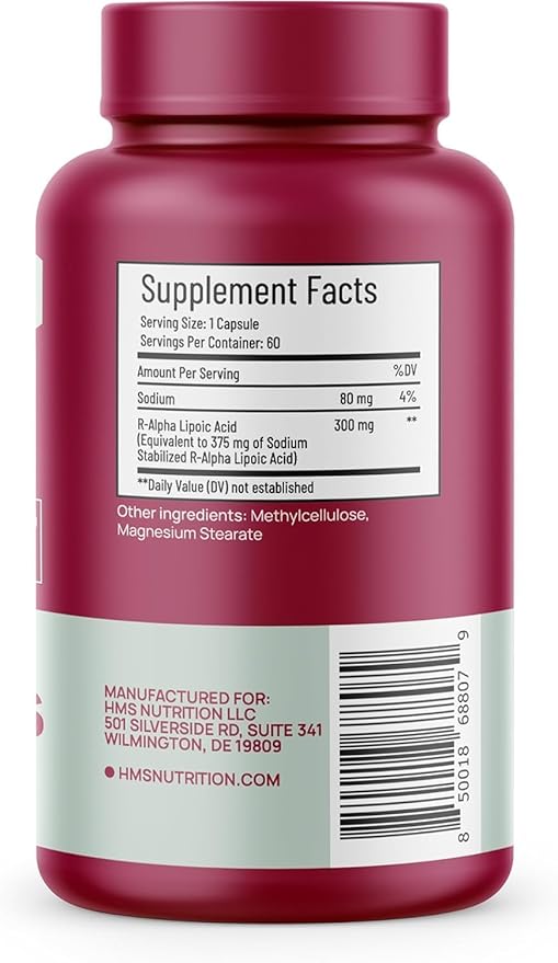 HMS Nutrition Stabilized R-Lipoic Acid 300 mg per Serving — Pure R Alpha Lipoic Acid (R-ALA) High Potency Active R Isomer Antioxidant Nerve &amp Metabolism Support — NSF Certified Non-GMO Vegan 60Cap