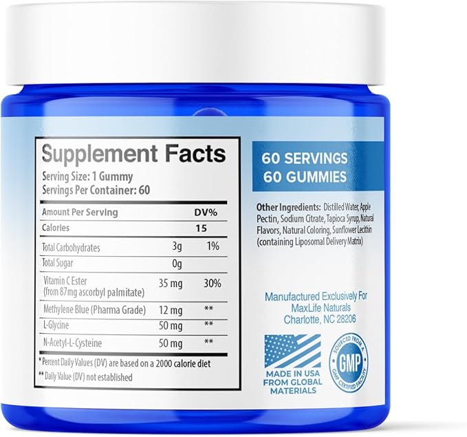 Pure Methylene Blue Pharmaceutical Grade Gummies - 60 Gummies 12mg Blue-Raspberry Flavor USA Made Liposomal Methylene Blue Chews with Vitamin C Ester &amp NAC Glycine for Brain Fuel &amp Mental Cl