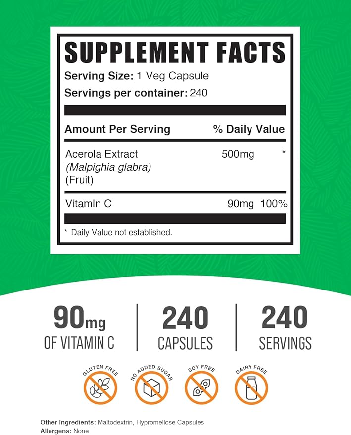 BulkSupplements.com Vitamin C from Acerola Cherry Capsules - Acerola Cherry Vitamin C Supplement - Gluten Free 1 Capsule per Serving 240 Veg Capsules (Pack of 1)