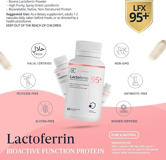 Supplement 300mg – 95%+ Pure Bovine Lactoferrin Capsules – Delayed Release for Immune Support Gut Health &amp Iron Metabolism – 120 Count