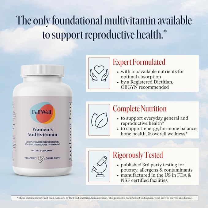 FullWell Women's Multivitamin - Daily Multivitamin for Reproductive Health - Supports Future Fertility Hormone Balance &amp Overall Wellness - Antioxidant Blend - CoQ10 &amp PQQ - 90 Count (30 Serv