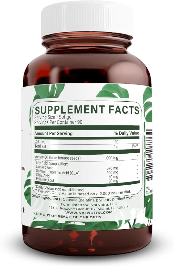 Natural Borage Oil Supplement – Rich in Gamma-linolenic Acid (GLA) A Potent Omega-6 Essential Fatty Acid Known for Supporting Skin Nerve and Joint Health 90 Softgels.