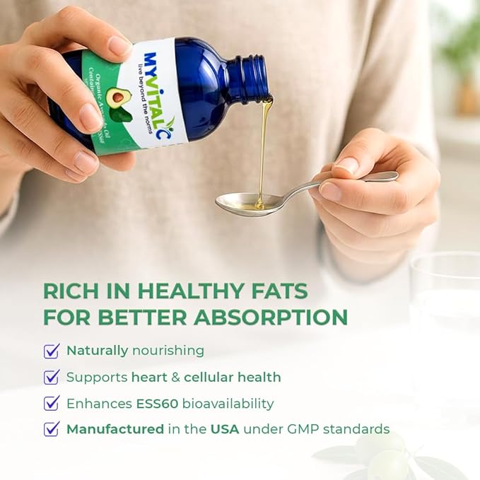 MyVitalC Organic Avocado Oil - Pure ESS60 Antioxidant Supplement - May Help With Anti-Aging Longevity Sleep More Energy - Performance - 120ML