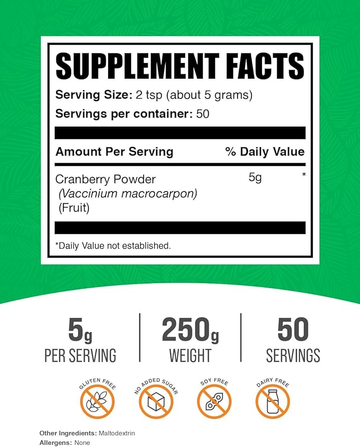 BulkSupplements.com Cranberry Powder - Cranberry Supplements for Women &amp Men Air Dried Cranberries - Unsweetened &amp Gluten Free 5g per Serving 250g (8.8 oz) (Pack of 1)