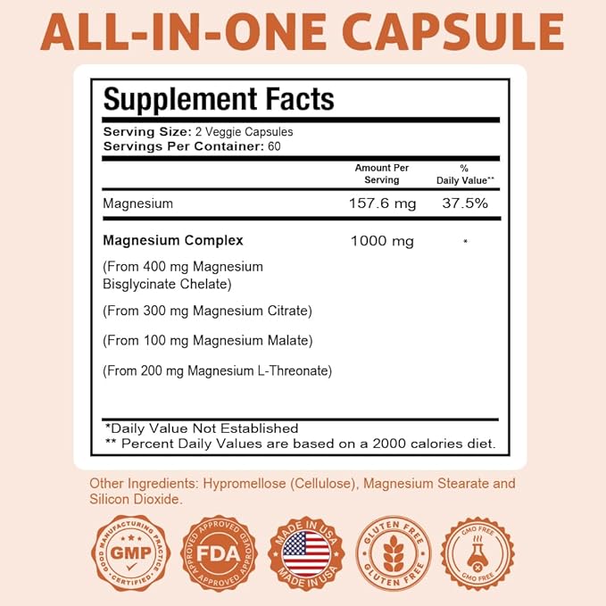 Health Dose Triple Magnesium Complex 1000 mg | L-Threonate Bisglycinate Citrate &amp Malate Blend | Support for Muscle Relaxation Sleep &amp Cognitive Function | 120 Capsules | All-in-One Formula