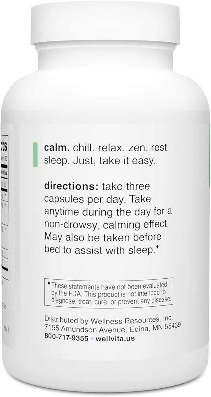 Well+vita Calm Supplement for RelaxationSleep &amp Daytime Zen with Magnesium Glycinate and Taurate L-Theanine Passion Flower Lemon Balm Taurine (90 Veggie Capsules)